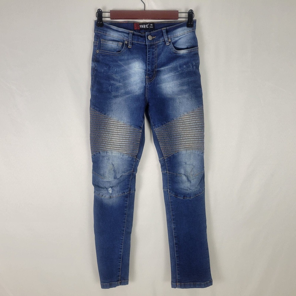 Panyc Boys Jeans Size 14 W25 x L26 Skinny Leg Distressed Motto Blue‎ Jeans